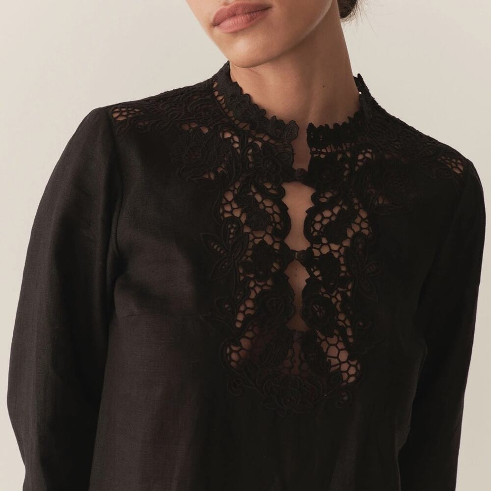NWT Doen Roselie Linen Lace Crochet Collar 3/4 Sleeve Tunic Mini Dress Black - Picture 4 of 16